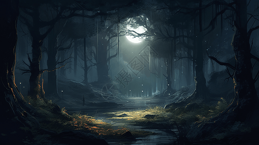 森林月光迷人氛围插画图片