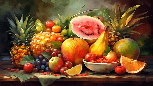 丰富的夏季热带水果油画图片