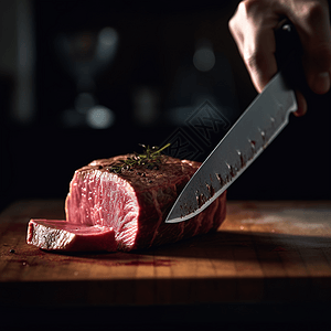 主厨用刀切开肉的特写镜头背景图片