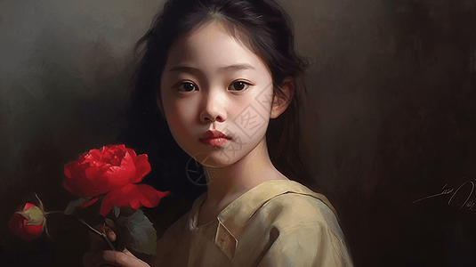 肖像油画手拿玫瑰的小女孩背景