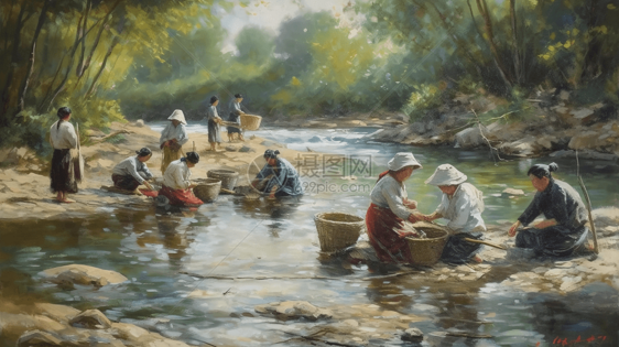 清溪河边洗衣的妇女图片