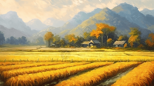 麦田油画金黄的麦田背景