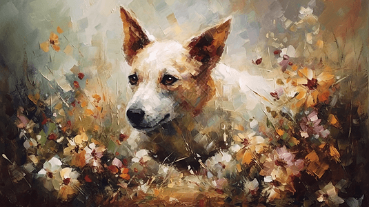 花丛中的狗油画风格图片