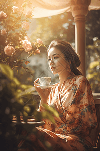 复古华丽的女人在花园里喝着咖啡图片