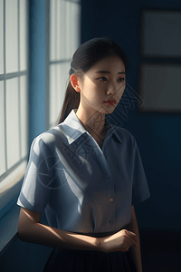 看着窗外的人一个穿着浅蓝色短袖衬衫的中国女孩背景
