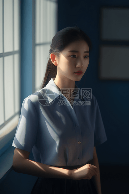 一个穿着浅蓝色短袖衬衫的中国女孩图片