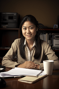 一位微笑看着镜头的年轻女孩坐在办公桌前图片