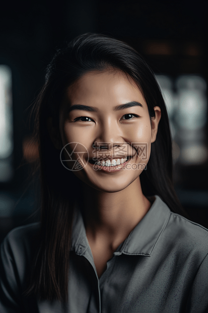 一位穿着灰色衬衫的微笑亚洲女人图片