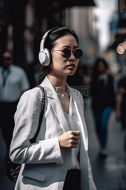 女商人戴着耳机在街上图片