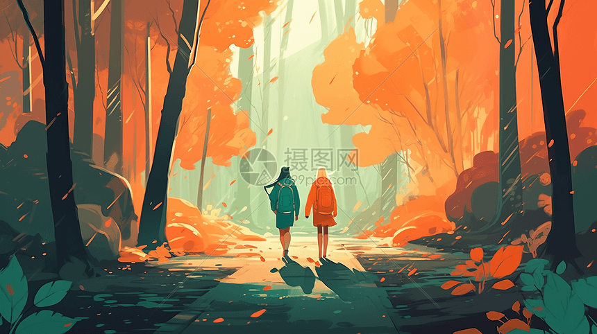 夫妇在美丽郁郁葱葱的森林散步图片