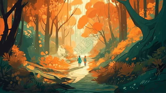 夫妇在美丽郁郁葱葱的阳光明媚的森林散步图片