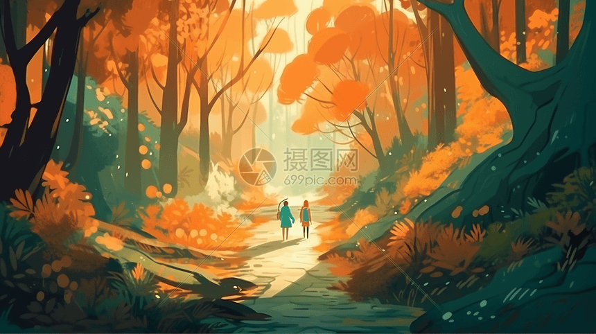 夫妇在美丽郁郁葱葱的阳光明媚的森林散步图片