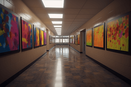 走廊上展示学生艺术品的视图图片