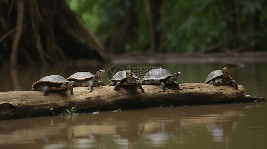 湖水上原木上的乌龟图片