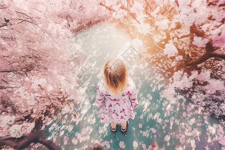 樱花花园里的小女孩图片