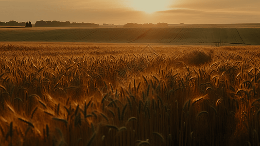 曙光照亮了广阔的成熟小麦平原图片