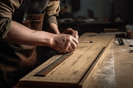 木匠用铅笔和尺子在板上标记尺寸图片