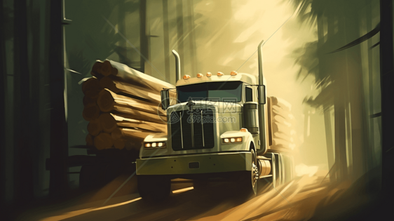 卡车满载木材驶过森林道路图片