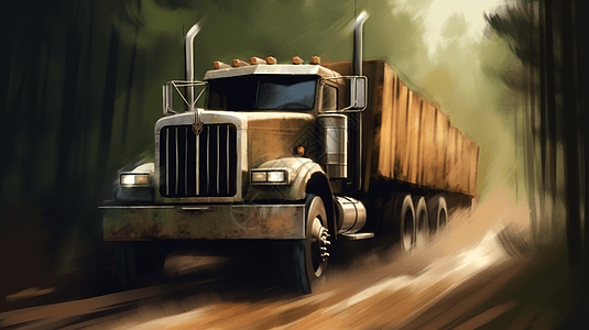 伐木卡车满载木材驶过森林道路图片