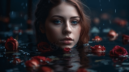 在水中的女孩周围满是玫瑰图片