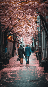 夫妇走在樱花街上图片