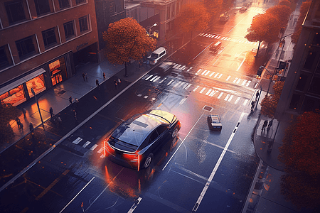 在繁忙的城市中导航的自动驾驶汽车的鸟瞰图图片