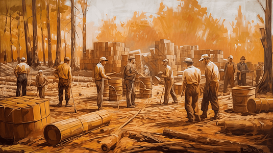 手绘制作木材的工人场景图背景图片