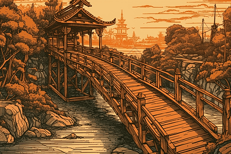 浮世绘木质桥梁图片