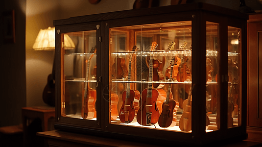 玻璃展示柜展柜内的小提琴乐器背景