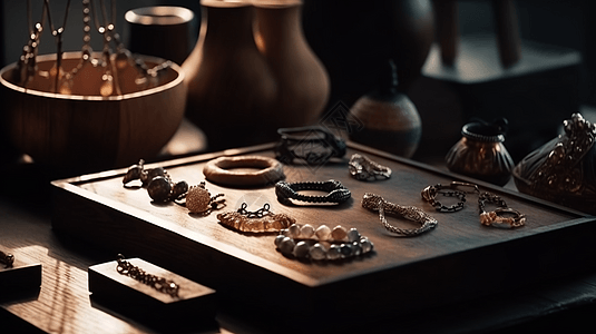 手工珠宝展示在木制支架中图片