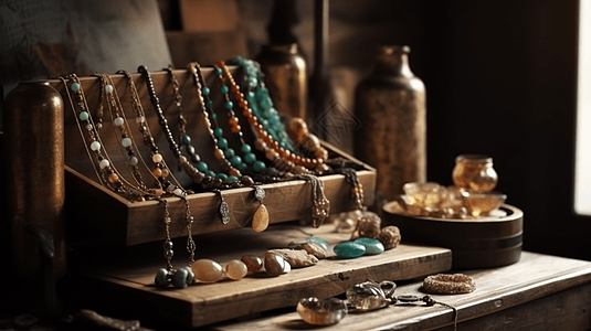 手工珠宝展示在木制支架中图片