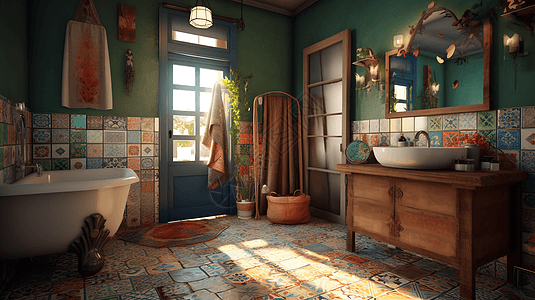 装有彩色瓷砖的浴室效果图背景图片
