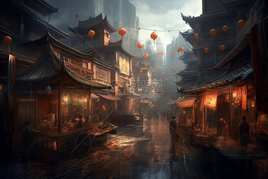 中国风传统复古小街镇图片