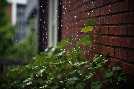 雨水从屋檐淋到小草上图片