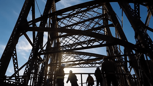 工人组装钢拱桥的钢框架图片