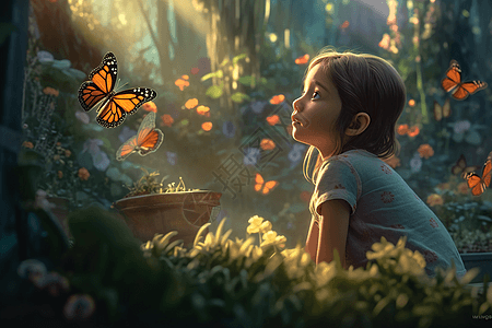小女孩在花园里看蝴蝶图片