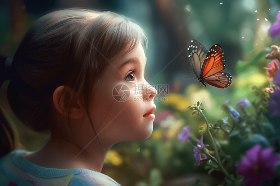 小女孩在花园里看蝴蝶图片