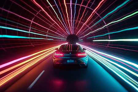 彩色灯光的汽车在隧道行驶图片