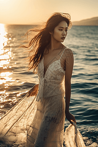 女性超模海边落日照片图片
