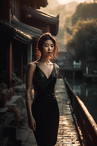 女性超模穿着黑色连衣裙古镇照片图片