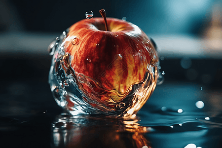 透明玻璃上带水的苹果图片