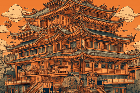 浮世绘风格中国阁楼图片