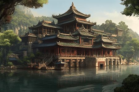 夜 湖湖水上的阁楼建筑插画