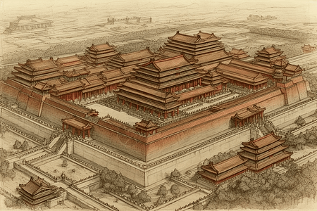 梅花.水墨画故宫的壮丽鸟瞰图插画