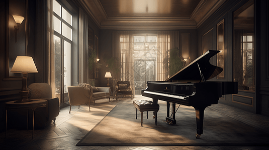 钢琴防止在充满阳光的屋子里背景