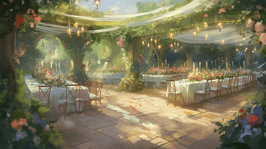 花园婚宴插画背景图片