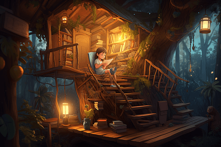 一个孩子在树屋里看书图片
