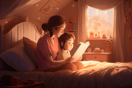 在床上看电视母亲在床上给孩子读书插画