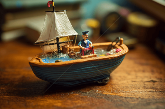 微型海盗在玩具船上驶过海洋图片