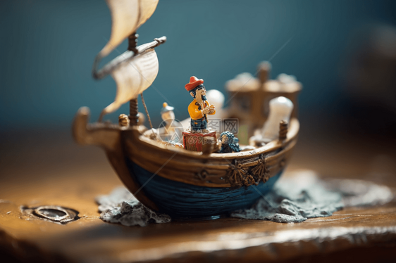 微型海盗在玩具船上驶过海洋图片